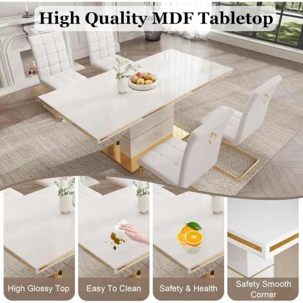 5-Piece Dining Table Set, Modern Dining Room Set with 63" White High Gloss Kitchen Table and 4 PU Leather Upholstered Chairs - Image 3