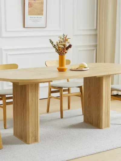 Dining Table for 4-6 People, Oval Kitchen Table with Wood Strip Base, Modern Farmhouse Large Round Dining Room Tables