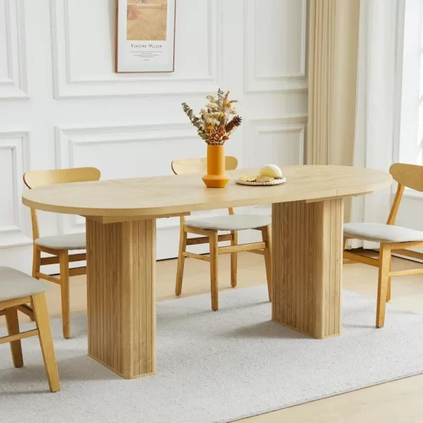 Dining Table for 4-6 People, Oval Kitchen Table with Wood Strip Base, Modern Farmhouse Large Round Dining Room Tables