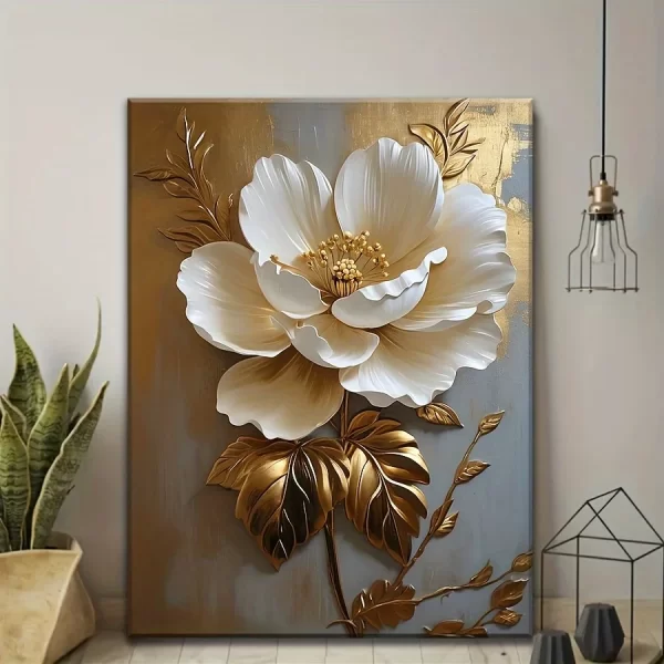 Elegant White Floral Canvas Art Vintage Gold Flower Wall Decoration - Image 4