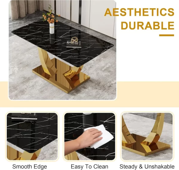 63”  Set for 6 Modern Gold Dining Rectangle Table Kitchen With PU Leather Chairs Black - Image 4