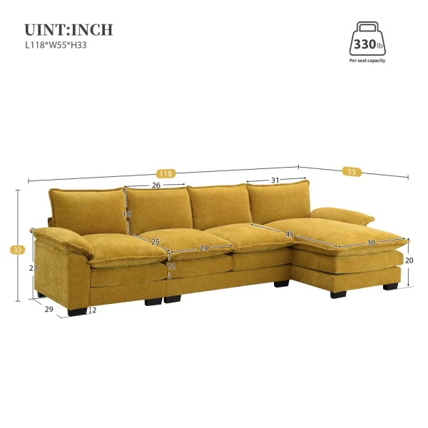 118*55" Modern L-shaped Chenille Cloud Sofa with Double Seat Cushions - Image 2