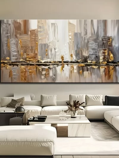 Large Modern Abstract Oil Painting, 1.5 inch Thick Pine Frame - Elegant Art Deco Style - Neutral Tones with Gold Accents