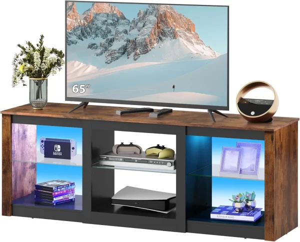 LED TV Stand for 65-Inch TV, 58-Inch Entertainment Center with Adjustable Glass Shelves, Modern Media Console for Living Room - Image 9