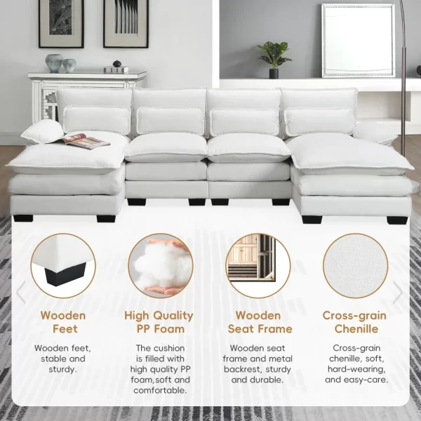 110*55" Modern U-shaped Sectional Sofa with Waist Pillows,6-seat Upholstered Symmetrical Sofa Furniture, Sleeper Sofa Couch with - Image 3