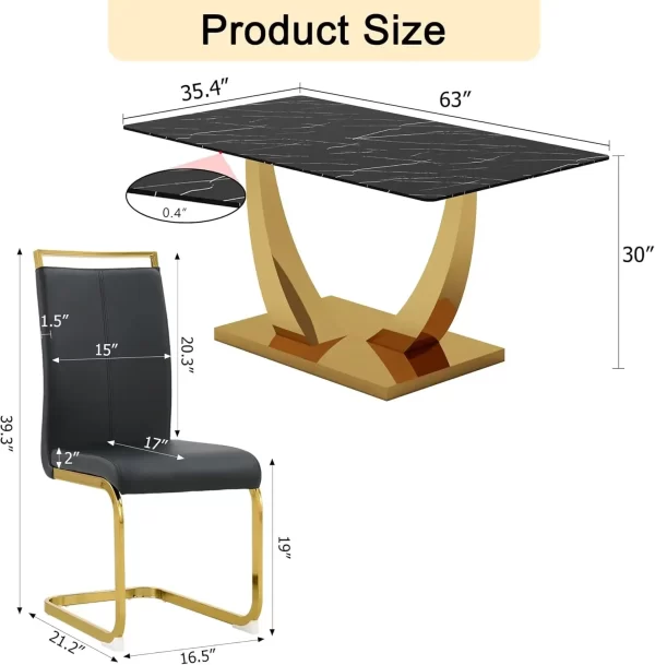 63”  Set for 6 Modern Gold Dining Rectangle Table Kitchen With PU Leather Chairs Black - Image 2