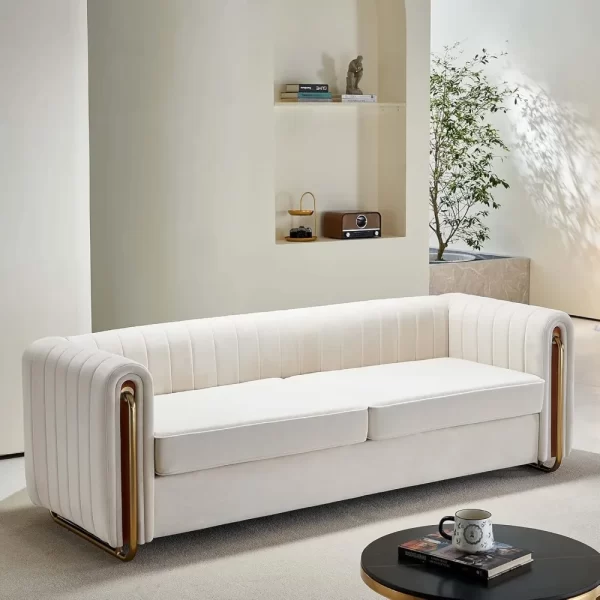 Modern Velvet Sofa for Living Room, 84 Inches Long Upholstered Sofa Couch with High Armrest and Metal Legs - Image 5