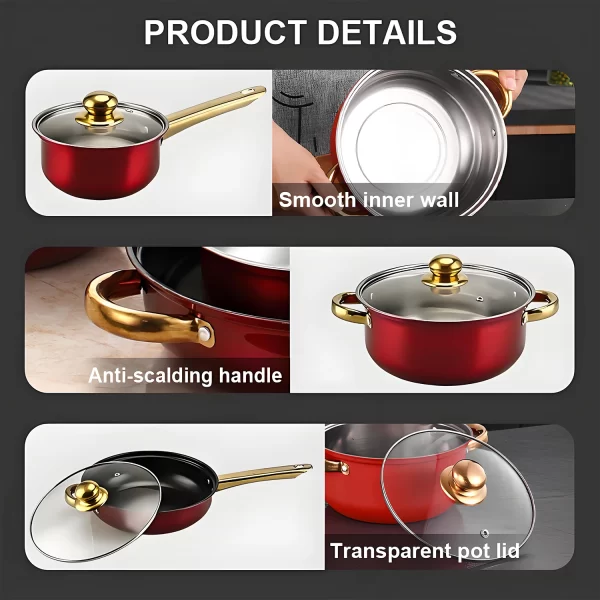 Red Cookware Set, 12-Piece, Stainless Steel, Non-Stick, Kitchen Cookware Collection, Complete Kitchen Solution - Image 6