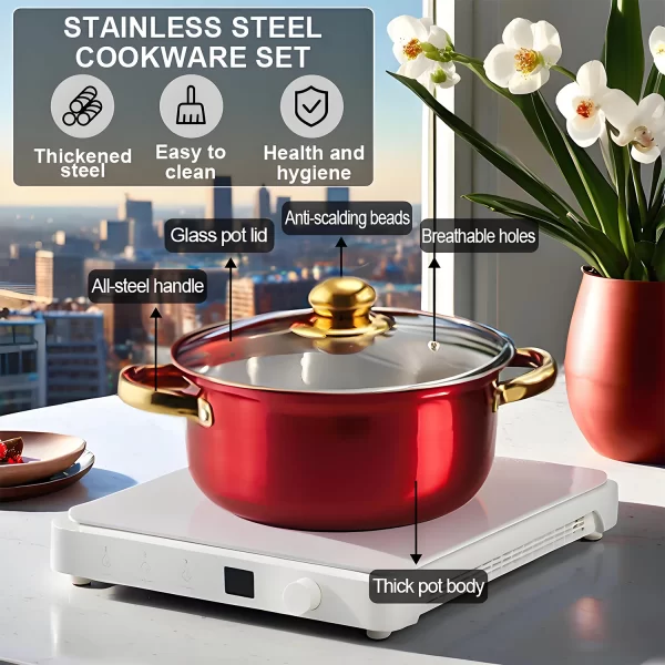 Red Cookware Set, 12-Piece, Stainless Steel, Non-Stick, Kitchen Cookware Collection, Complete Kitchen Solution - Image 3