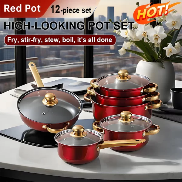 Red Cookware Set, 12-Piece, Stainless Steel, Non-Stick, Kitchen Cookware Collection, Complete Kitchen Solution - Image 2