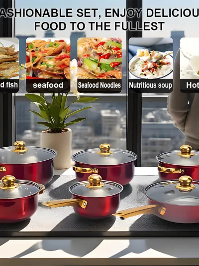 Red Cookware Set, 12-Piece, Stainless Steel, Non-Stick, Kitchen Cookware Collection, Complete Kitchen Solution