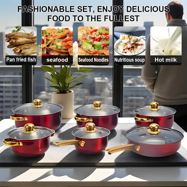 Red Cookware Set, 12-Piece, Stainless Steel, Non-Stick, Kitchen Cookware Collection, Complete Kitchen Solution
