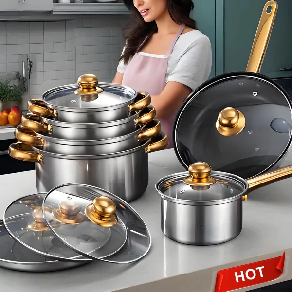 Red Cookware Set, 12-Piece, Stainless Steel, Non-Stick, Kitchen Cookware Collection, Complete Kitchen Solution - Image 7