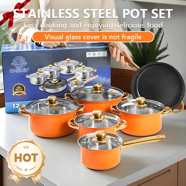 Red Cookware Set, 12-Piece, Stainless Steel, Non-Stick, Kitchen Cookware Collection, Complete Kitchen Solution - Image 9