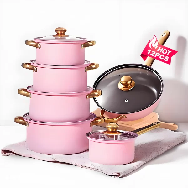 Red Cookware Set, 12-Piece, Stainless Steel, Non-Stick, Kitchen Cookware Collection, Complete Kitchen Solution - Image 8
