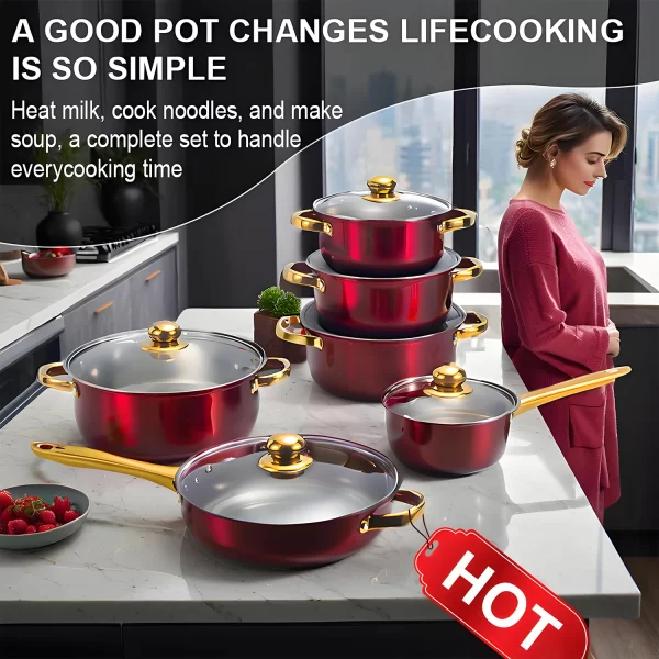 Red Cookware Set, 12-Piece, Stainless Steel, Non-Stick, Kitchen Cookware Collection, Complete Kitchen Solution - Image 4