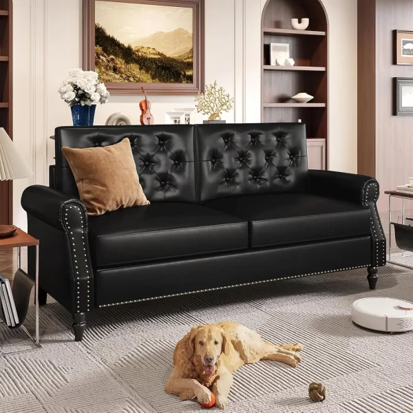 Brown Couch, 73-inch Sofa, Faux Leather Couches with Wooden Legs - Image 7