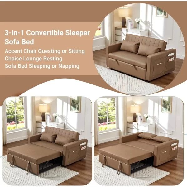 55'' Leather Sofa Bed, Pull Out Sleeper Sofa Couch Bed, Loveseat Sleeper, Futon Sofa Couch with Side Pocket, Convertible Sofa Bed - Image 3