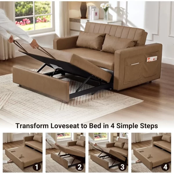 55'' Leather Sofa Bed, Pull Out Sleeper Sofa Couch Bed, Loveseat Sleeper, Futon Sofa Couch with Side Pocket, Convertible Sofa Bed - Image 4