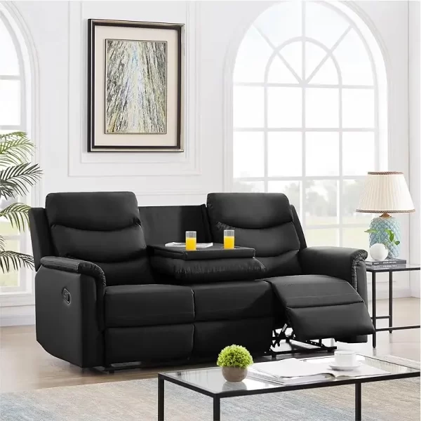 Sofa Set with 2 Recliners, 3-Seater Leather Adjustable Loveseat Couch W/ 2 Cup-Holders & Console - Image 11