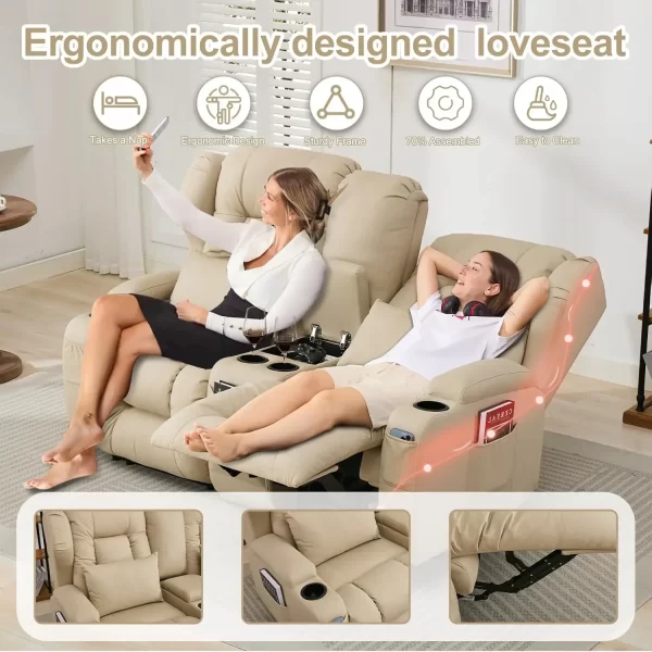 65.5" RV Loveseat Recliner Double Recliner RV Sofa & Console | RV Couch | RV Furniture, Home Theater Seating… (Beige) - Image 4
