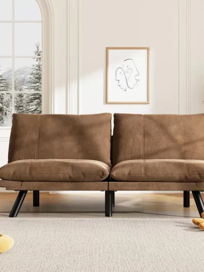 67” Leather Futon Sofa Bed Convertible Small Upholstered Couch
