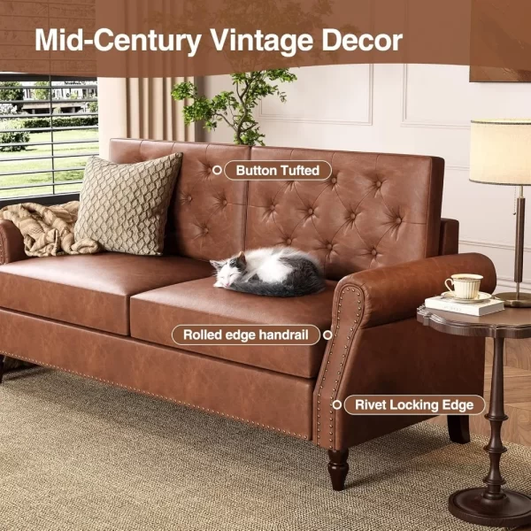 Brown Couch, 73-inch Sofa, Faux Leather Couches with Wooden Legs - Image 5
