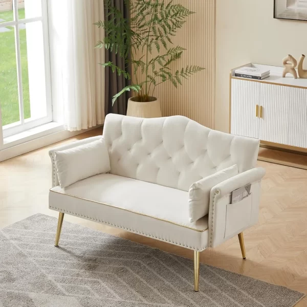 Modern Velvet Loveseat Sofa with Gold Metal Legs & Side Pockets, Tufted Backrest - Image 2
