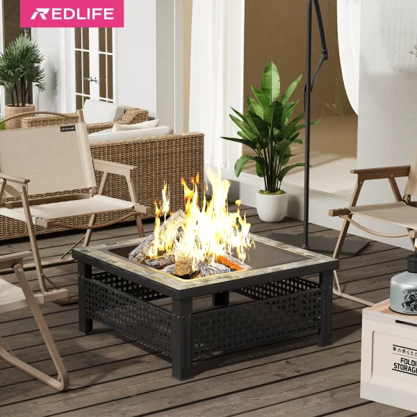 30 Inch Fire Pit, Square Outdoor Fireplace Table w/ Mesh Lid & Fire Poker, 3-in-1 Multipurpose Firepits for Yard, Garden, Patio