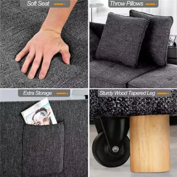 Sofa Bed 4-in-1 Convertible Sofas & Couches, 3-Seat Linen Fabric loveseat Sofa with 2 Throw Pillow - Image 6