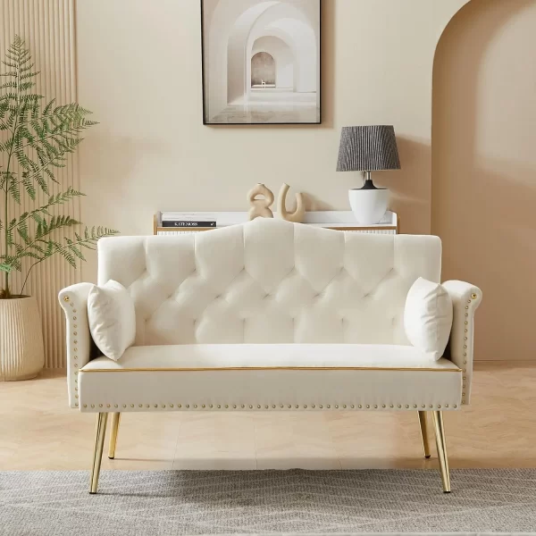 Modern Velvet Loveseat Sofa with Gold Metal Legs & Side Pockets, Tufted Backrest - Image 7