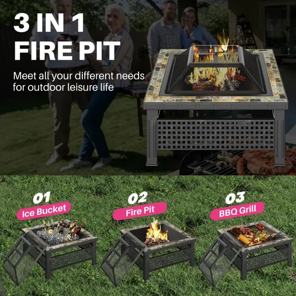 30 Inch Fire Pit, Square Outdoor Fireplace Table w/ Mesh Lid & Fire Poker, 3-in-1 Multipurpose Firepits for Yard, Garden, Patio - Image 2