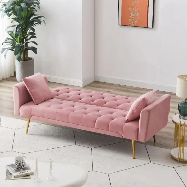71 Inches Velvet Futon Sofa Bed with 2 Pillows, Modern Convertible Futon Couch with 3 Adjustable Backrest Angles - Image 4