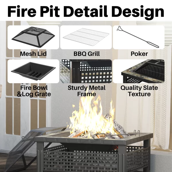 30 Inch Fire Pit, Square Outdoor Fireplace Table w/ Mesh Lid & Fire Poker, 3-in-1 Multipurpose Firepits for Yard, Garden, Patio - Image 4