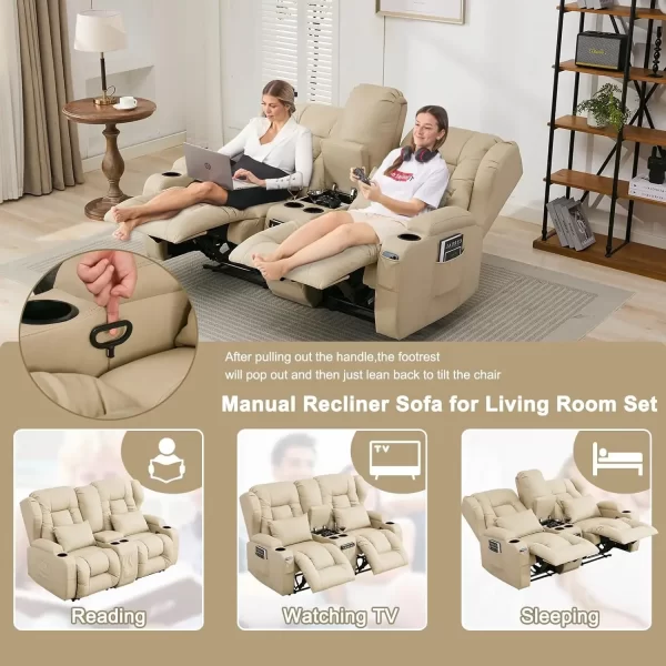 65.5" RV Loveseat Recliner Double Recliner RV Sofa & Console | RV Couch | RV Furniture, Home Theater Seating… (Beige) - Image 3