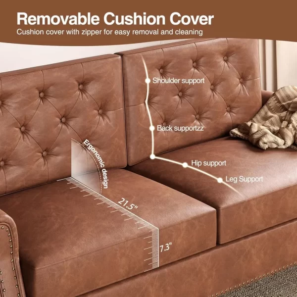 Brown Couch, 73-inch Sofa, Faux Leather Couches with Wooden Legs - Image 3