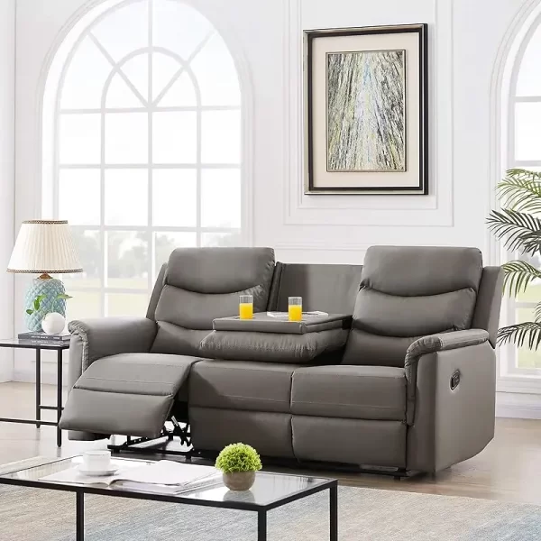 Sofa Set with 2 Recliners, 3-Seater Leather Adjustable Loveseat Couch W/ 2 Cup-Holders & Console - Image 7