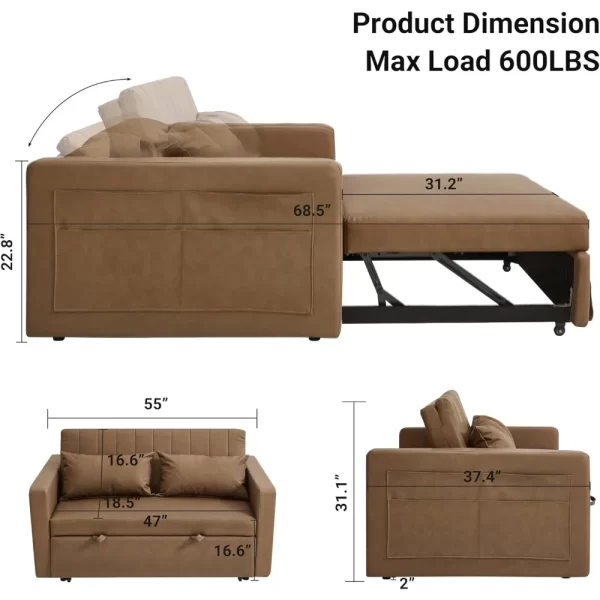 55'' Leather Sofa Bed, Pull Out Sleeper Sofa Couch Bed, Loveseat Sleeper, Futon Sofa Couch with Side Pocket, Convertible Sofa Bed - Image 2