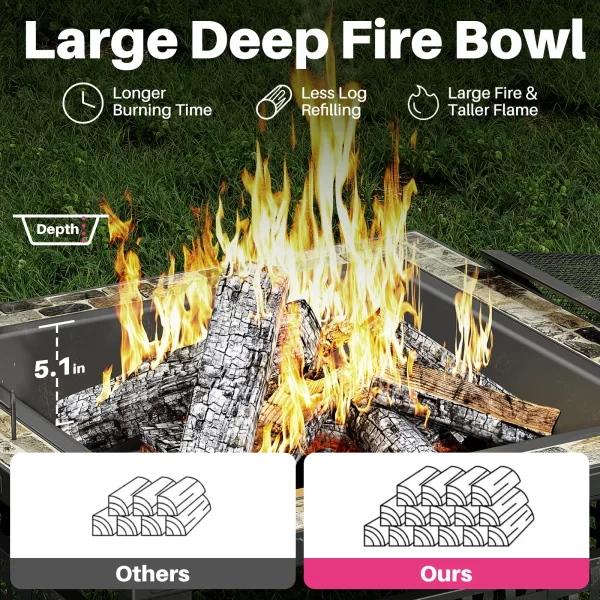 30 Inch Fire Pit, Square Outdoor Fireplace Table w/ Mesh Lid & Fire Poker, 3-in-1 Multipurpose Firepits for Yard, Garden, Patio - Image 3