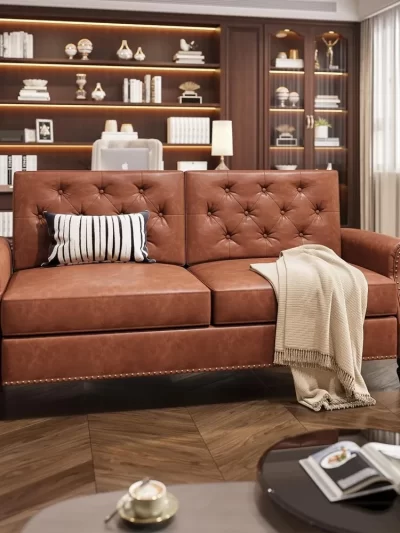 Brown Couch, 73-inch Sofa, Faux Leather Couches with Wooden Legs