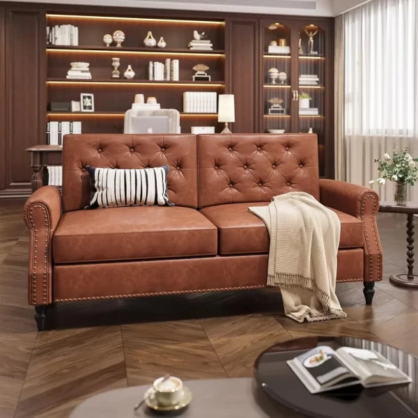 Brown Couch, 73-inch Sofa, Faux Leather Couches with Wooden Legs