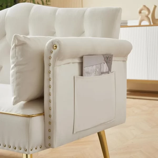 Modern Velvet Loveseat Sofa with Gold Metal Legs & Side Pockets, Tufted Backrest - Image 4