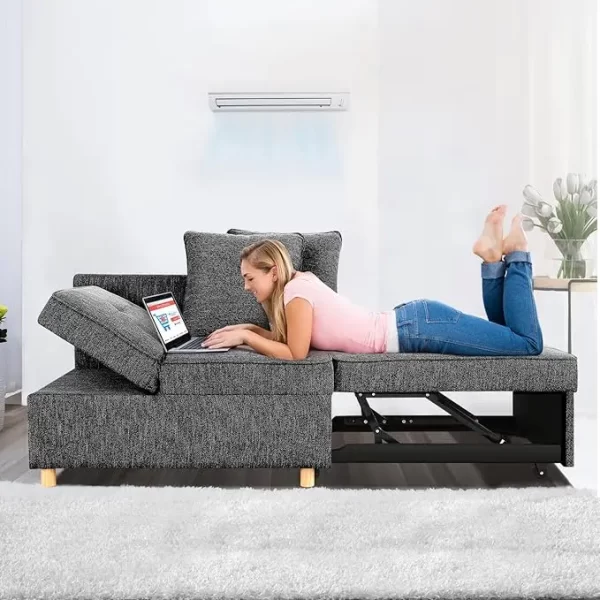 Sofa Bed 4-in-1 Convertible Sofas & Couches, 3-Seat Linen Fabric loveseat Sofa with 2 Throw Pillow - Image 9