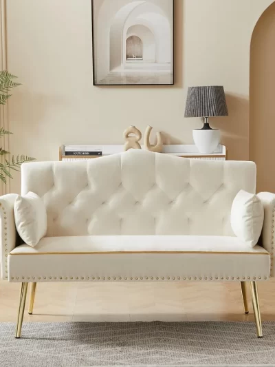 Modern Velvet Loveseat Sofa with Gold Metal Legs & Side Pockets, Tufted Backrest