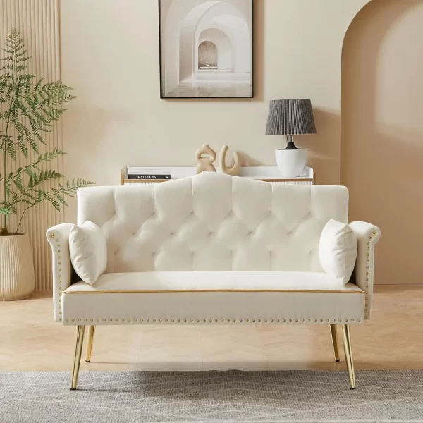 Modern Velvet Loveseat Sofa with Gold Metal Legs & Side Pockets, Tufted Backrest