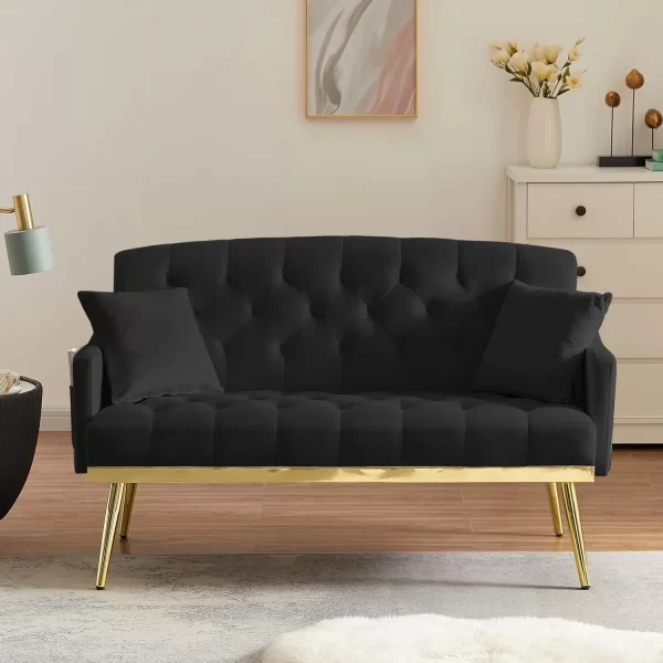 Modern Velvet Loveseat Sofa with Gold Metal Legs & Side Pockets, Tufted Backrest - Image 6