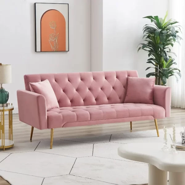 71 Inches Velvet Futon Sofa Bed with 2 Pillows, Modern Convertible Futon Couch with 3 Adjustable Backrest Angles - Image 5