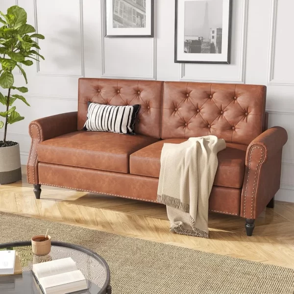 Brown Couch, 73-inch Sofa, Faux Leather Couches with Wooden Legs - Image 4