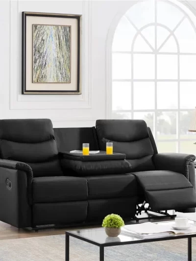 Sofa Set with 2 Recliners, 3-Seater Leather Adjustable Loveseat Couch W/ 2 Cup-Holders & Console