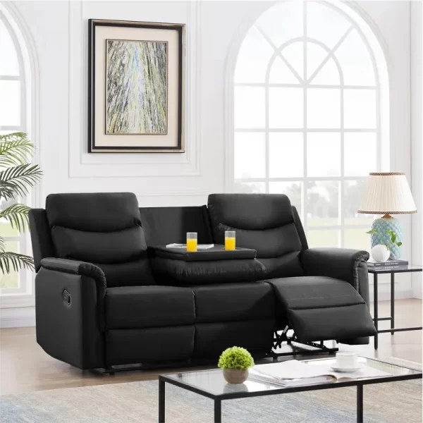 Sofa Set with 2 Recliners, 3-Seater Leather Adjustable Loveseat Couch W/ 2 Cup-Holders & Console